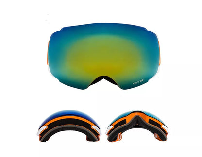 Compass ski glasses with anti-fog lenses and magnetic feature in army green, black, orange, and blue