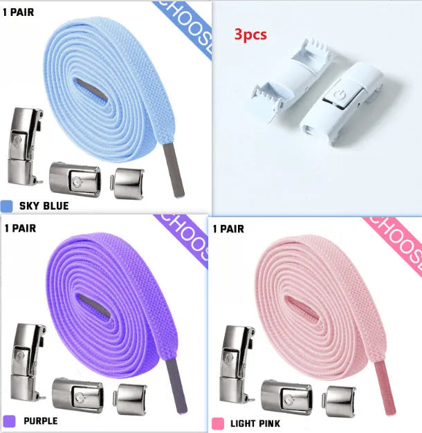 A pair of black widened flat elastic shoelaces with a silver press lock buckle on a white background.