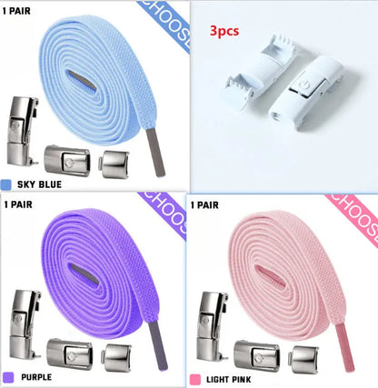 A pair of black widened flat elastic shoelaces with a silver press lock buckle on a white background.