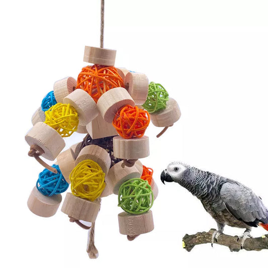Natural wood nibbling toy for birds, available in small, medium, and large sizes