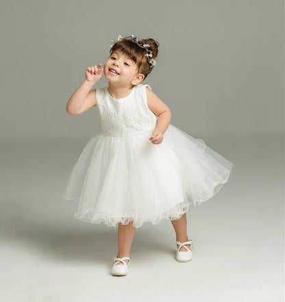 White fluffy baby dress two-piece set in beige with silk-polyester fabric and cotton lining for infants 0-24 months