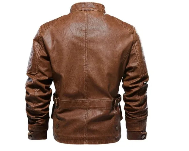 Men's PU leather jacket with velvet lining, available in khaki, black, and brown, sizes L to 5XL