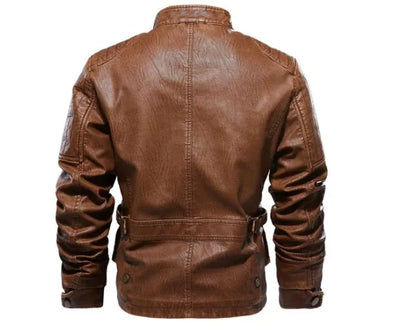Men's PU leather jacket with velvet lining, available in khaki, black, and brown, sizes L to 5XL