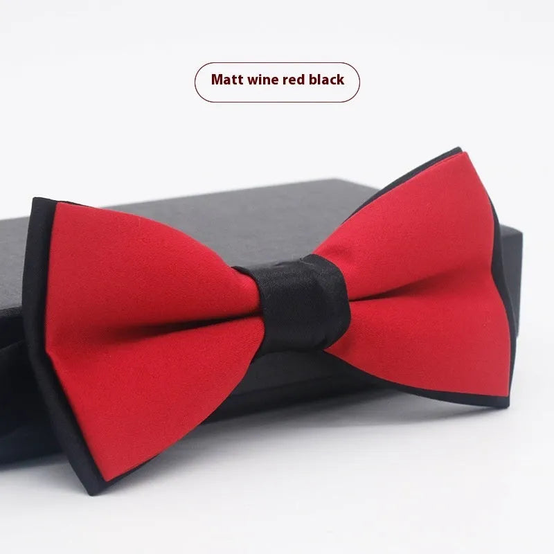 Flat-head self-tie bow tie in a wine red colour, showing its 12cm width and 6cm height dimensions.