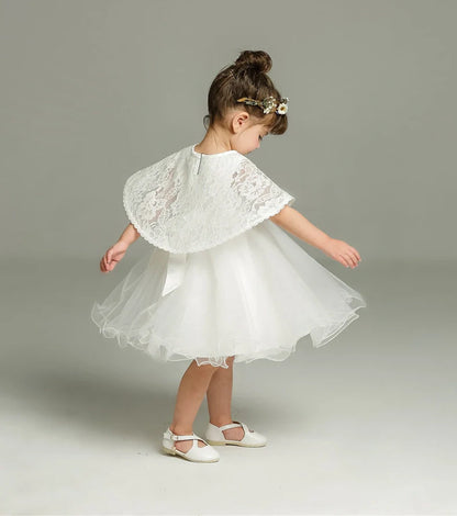 White fluffy baby dress two-piece set in beige with silk-polyester fabric and cotton lining for infants 0-24 months