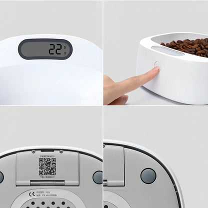 White smart weighing pet bowl with digital display and four stabilising feet for accurate food measurement