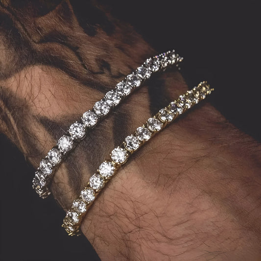 Men's geometric link chain bracelet with a single row of sparkling zirconia rhinestones in five colour options.