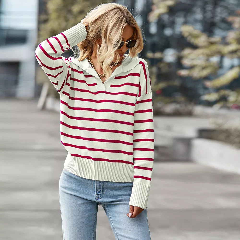 Women's striped long sleeve pullover sweater in black, wine red, green, and blue