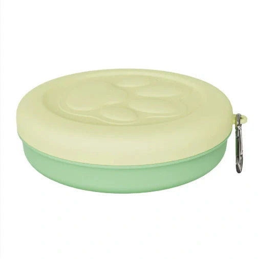 Collapsible dog food bowl showing expanded and folded positions with leak-proof silicone base