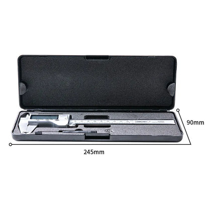 Deli digital vernier caliper, stainless steel, 78mm width, 0.01mm resolution, available in 0-150mm, 0-200mm, and 0-300mm models.