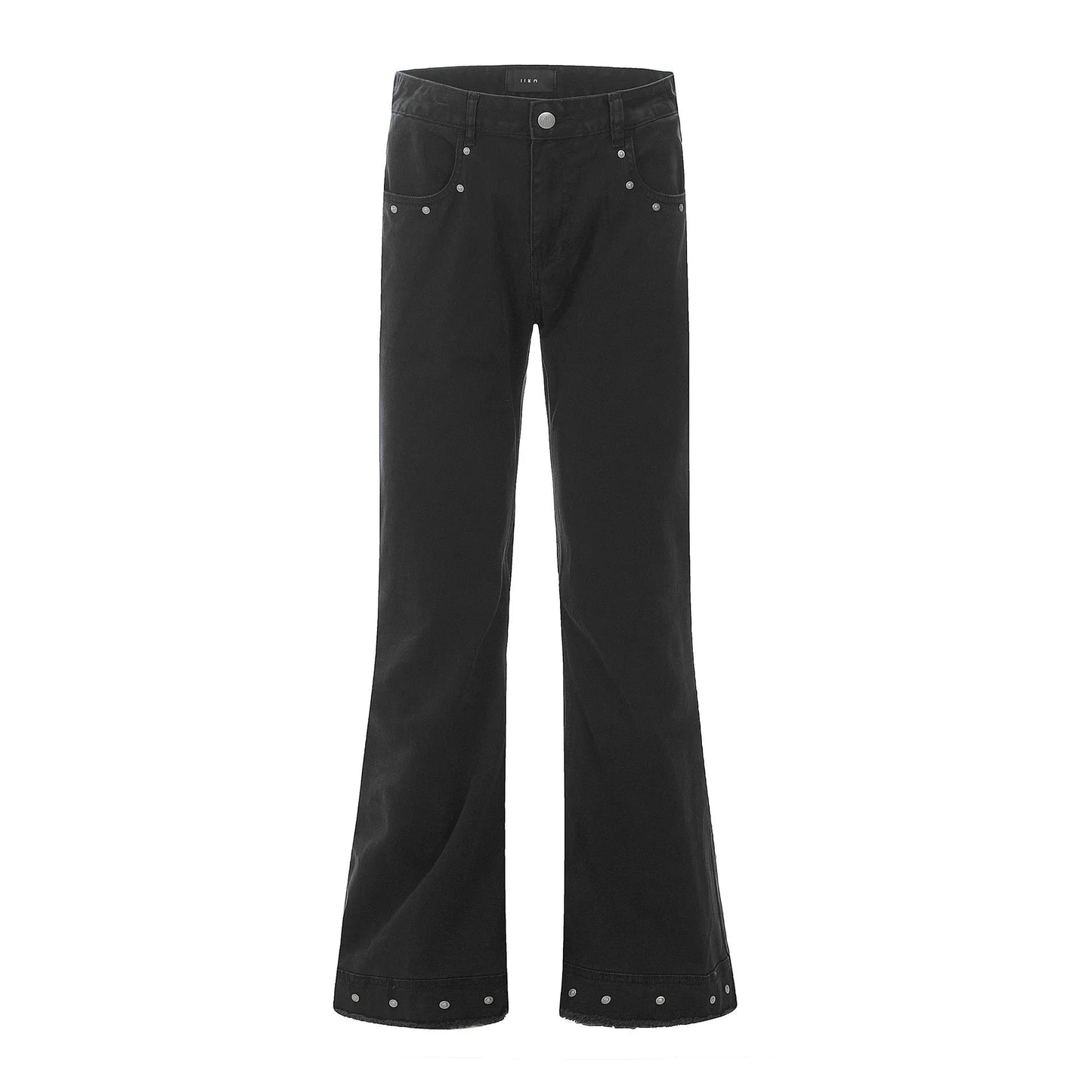Pair of black straight-leg skinny jeans with a mid-rise waist and zipper fly on a neutral background.