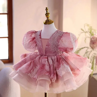 Girls pink polyester princess dress for weddings and performances, sizes 80cm to 150cm.