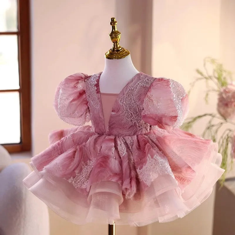 Girls Pink Princess Dress For Wedding Piano Recital Small Host Performance Costume Polyester Party Gown In Height 80cm To 150cm