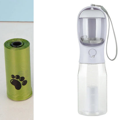 Multifunctional pet water bottle and feeder with poop dispenser in turquoise, pink, and white colors
