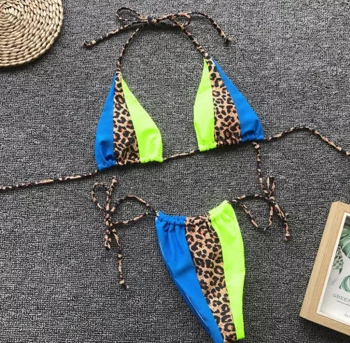 Women's split swimsuit in blue, pink, yellow, red, and white with chest pad