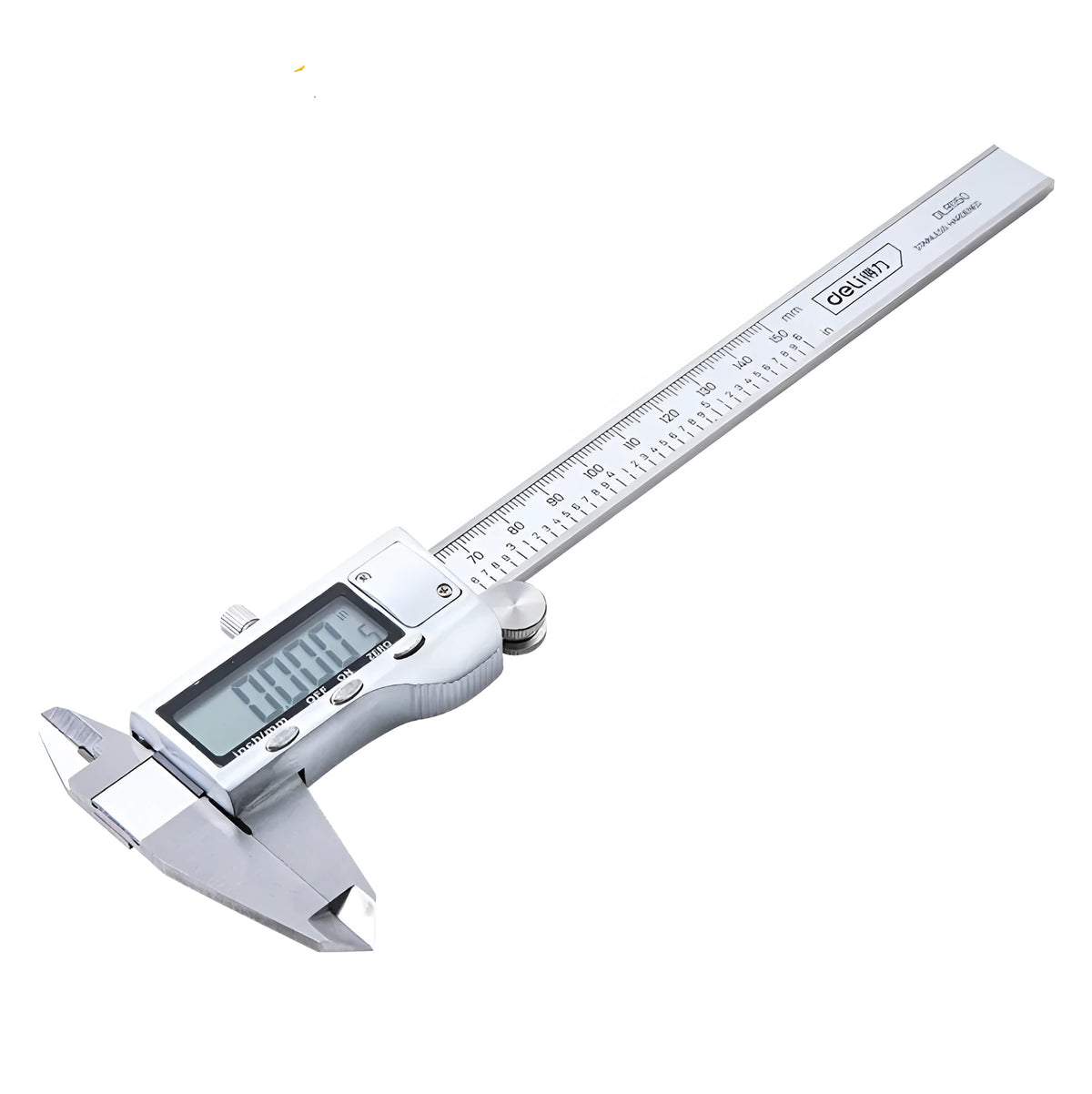 Deli digital vernier caliper, stainless steel, 78mm width, 0.01mm resolution, available in 0-150mm, 0-200mm, and 0-300mm models.