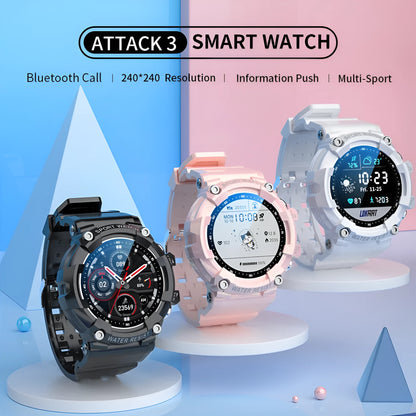 ATTACK 3 IP67 waterproof smart sports watch in black, pink, or white on a wrist.