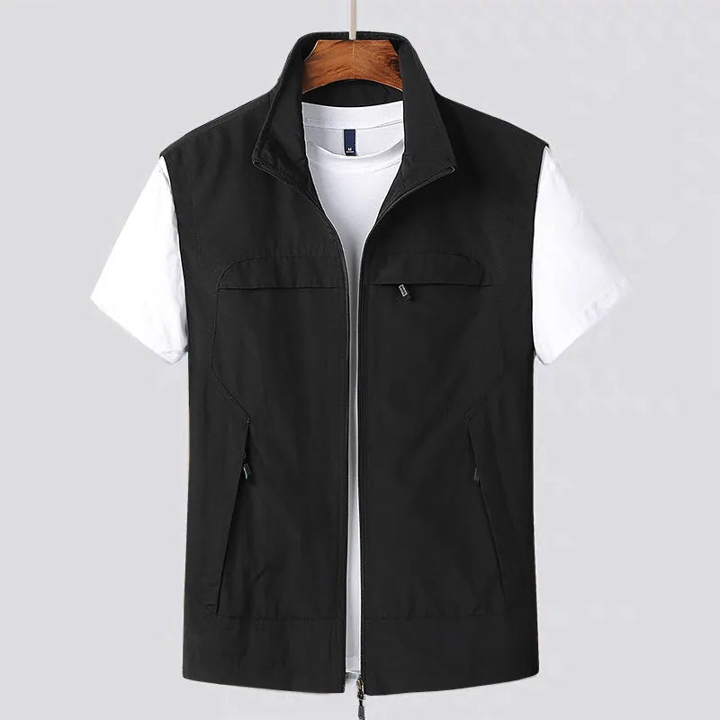 Striped waterproof hooded vest with multiple patch pockets on a mannequin.