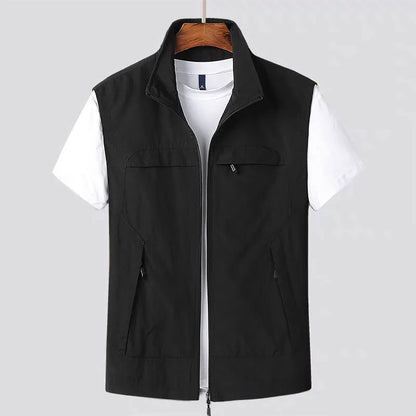 Striped waterproof hooded vest with multiple patch pockets on a mannequin.