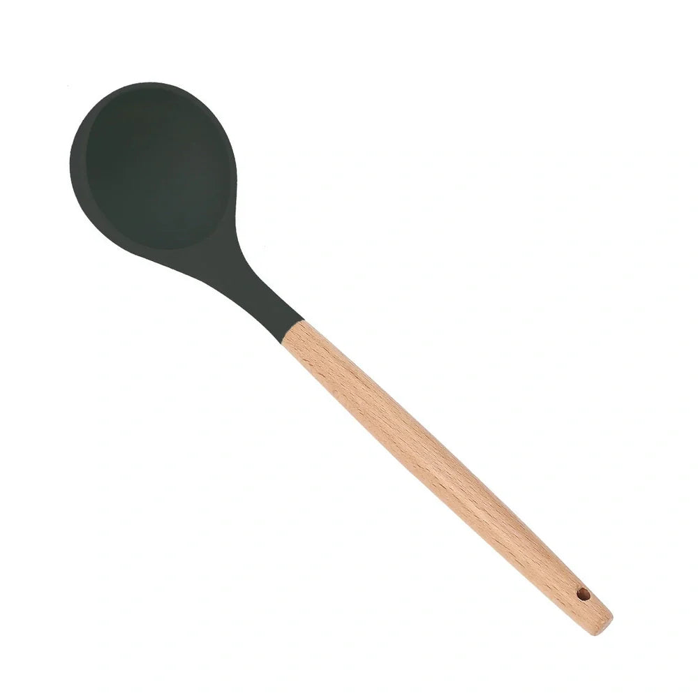 Wooden handle silicone cooking utensils set with 12 tools including spatula, whisk and food tongs in organiser barrel