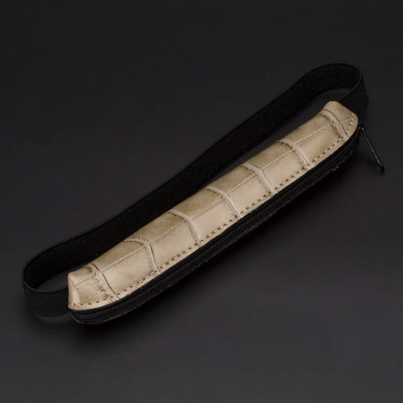 Long slim PU leather pencil case showing beige grey colour option with dimensions 16.5 by 3 cm