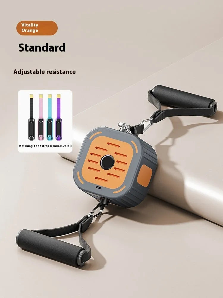 Adjustable power pump chest expander with orange resistance bands on grey background