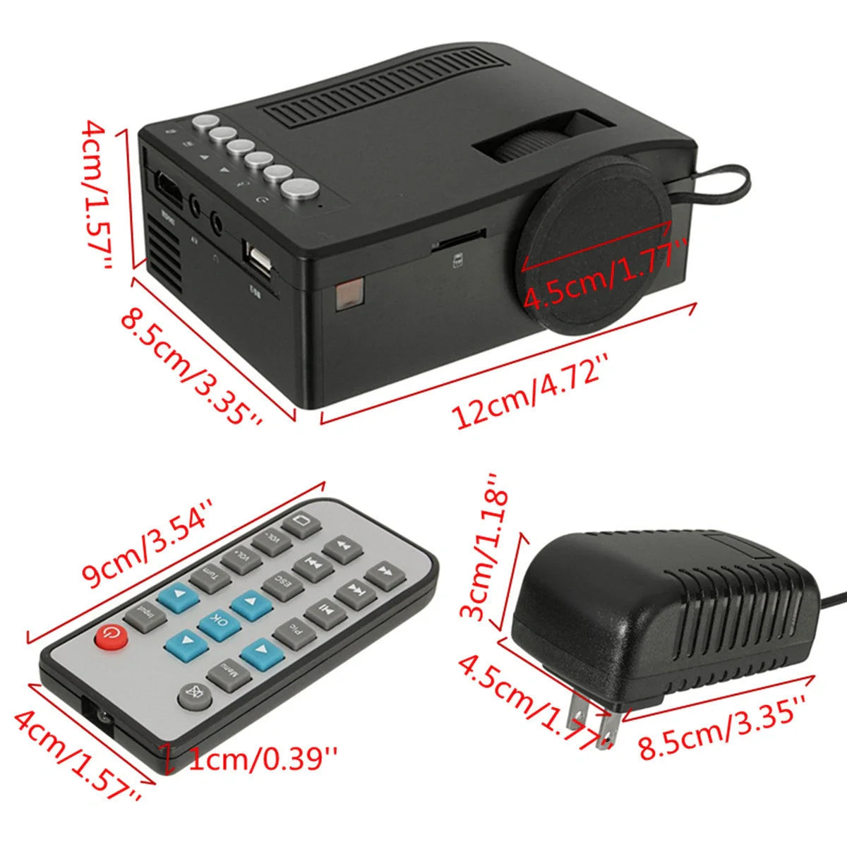 Compact portable LED projector with multimedia support and 48 lumens brightness