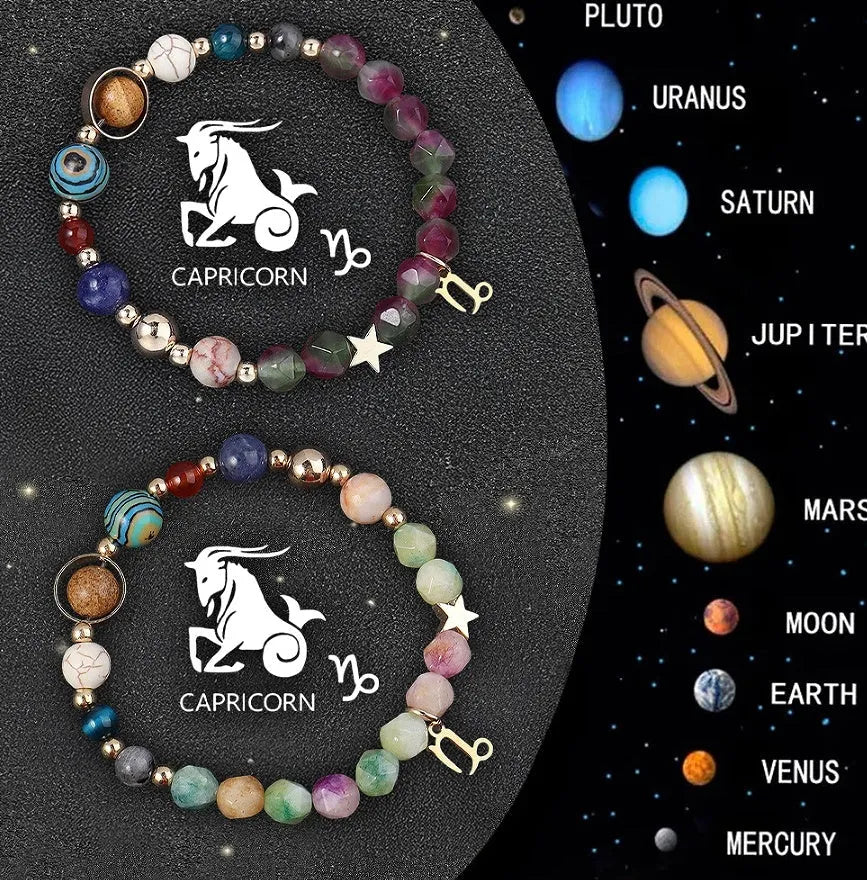 Two natural stone beaded bracelets with zodiac sign charms on adjustable knotted cords