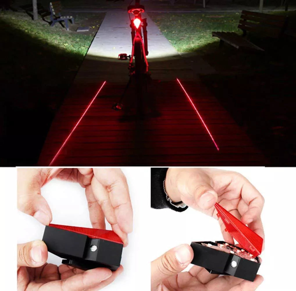 USB rechargeable bicycle tail light with laser safety feature in red and blue