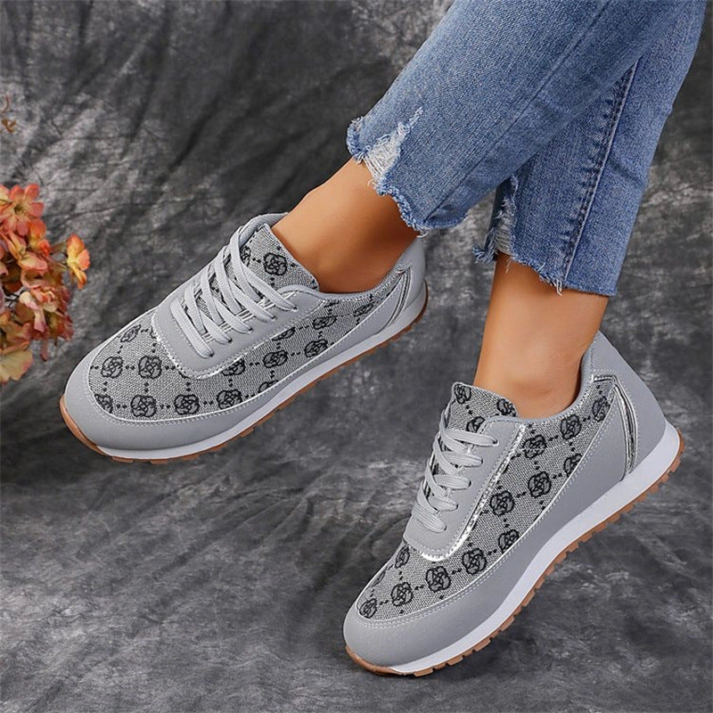 Women's flower print lace-up sneakers in grey and camel colors