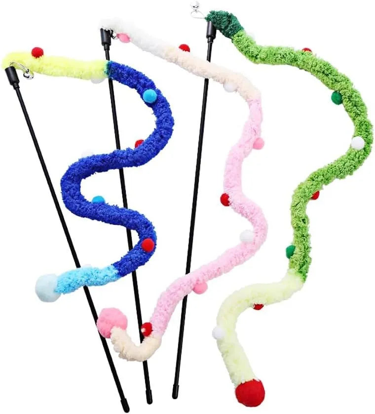 Blue interactive cat wand toy with a long plush strip, fluffy ball, and bell on a 41cm pole.