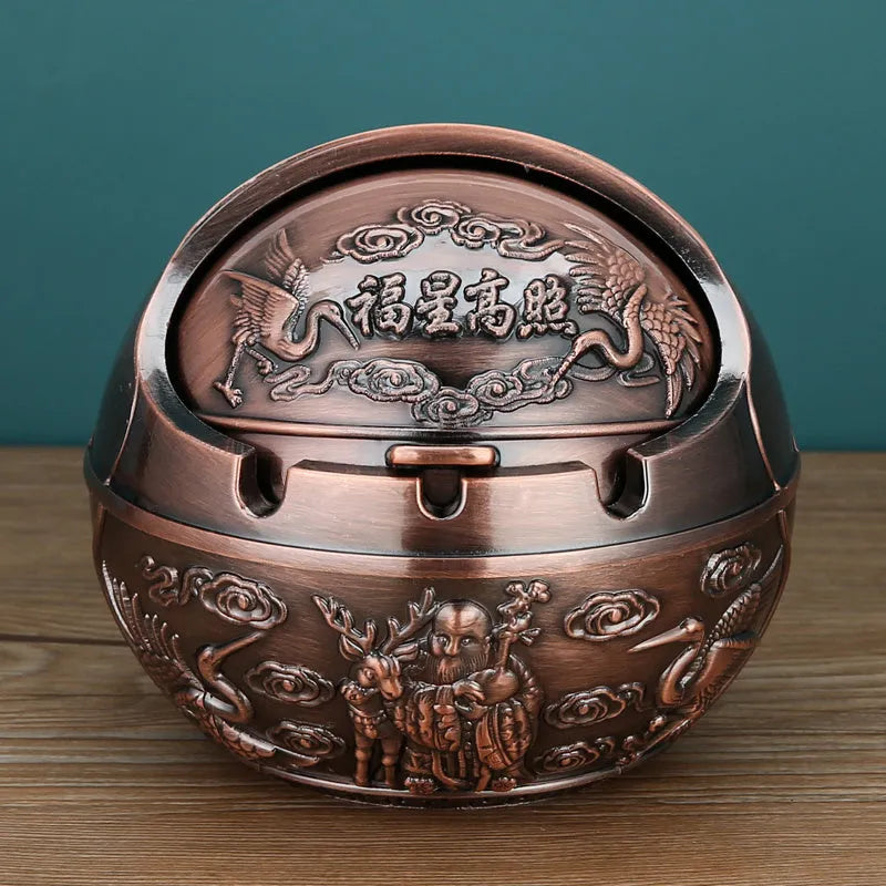 Alloy ashtray with smoke extinguishing slot in bronze finish, featuring Dragon and Phoenix motif, S size
