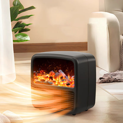Black desktop electric space heater with ceramic heating element and mechanical controls measuring 22cm square