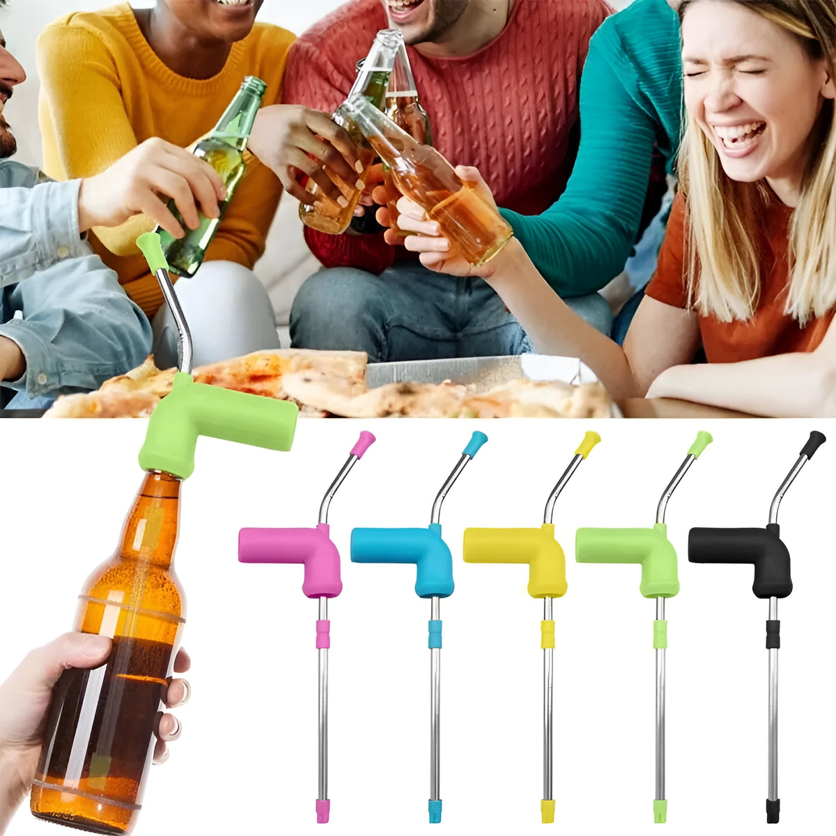 Beer snorkel straw with stainless steel rod, TPE mouthpiece, and vent pipe for faster drinking from bottles