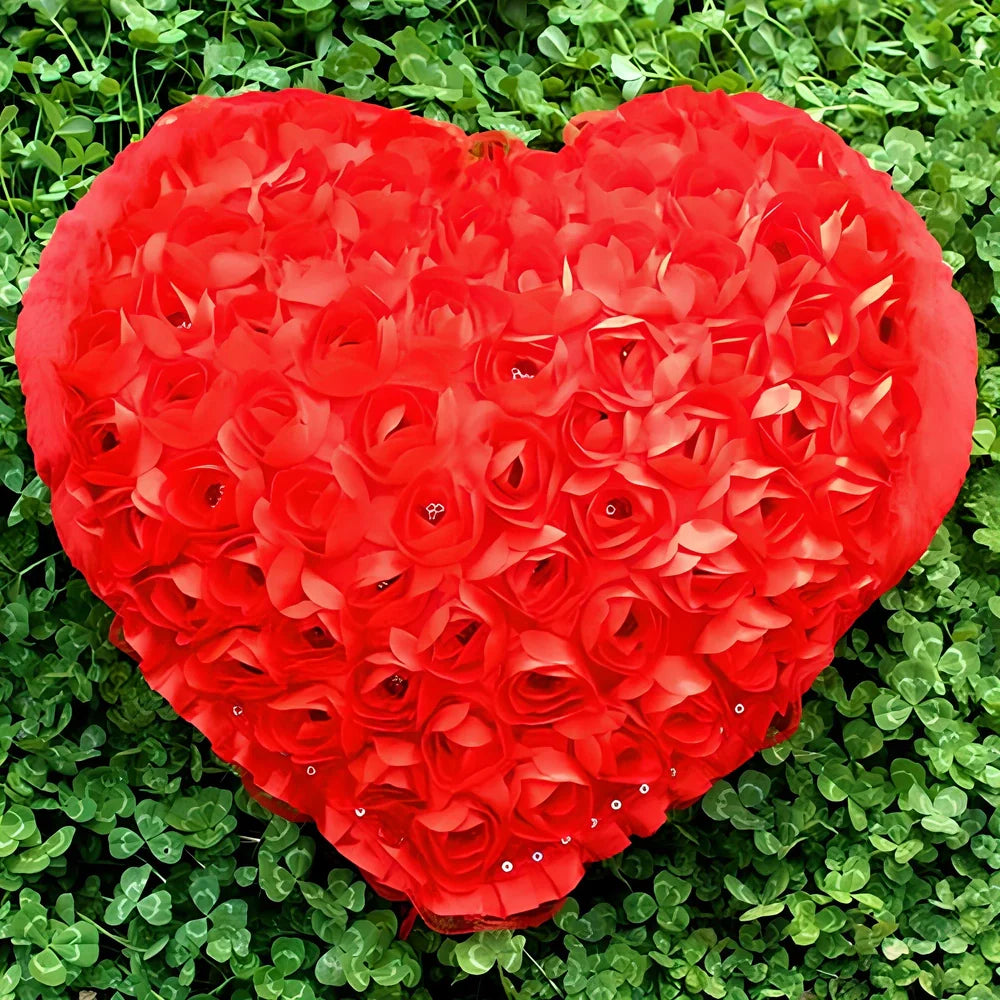 Red rose heart shaped plush pillow, 40x35cm medium size with PP cotton fill, lightweight at 350g for romantic gifts