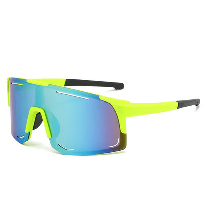 Square cycling sunglasses in black, blue, green, pink, or white frame with various lens films