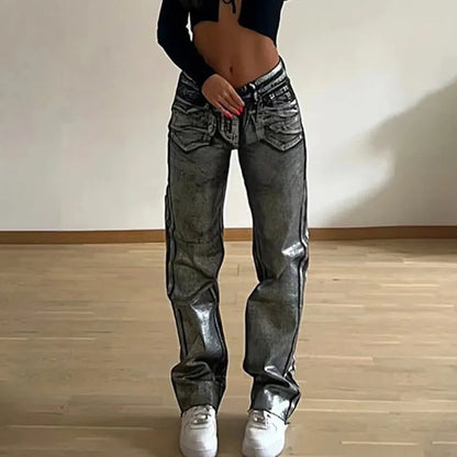 Blue straight-leg high-waist jeans with hot silver contrast detailing on denim fabric
