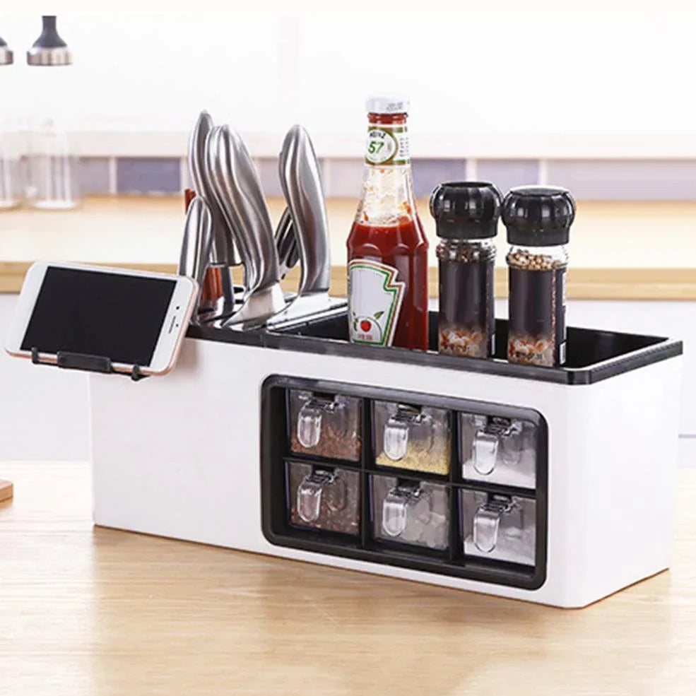 White wall-mounted plastic storage jar with pull-out transparent drawers for seasonings and kitchen utensils, dimensions 43.5cm x 16.7cm x 15.7cm