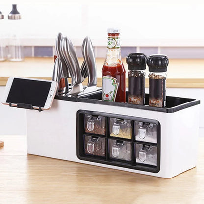 White wall-mounted plastic storage jar with pull-out transparent drawers for seasonings and kitchen utensils, dimensions 43.5cm x 16.7cm x 15.7cm