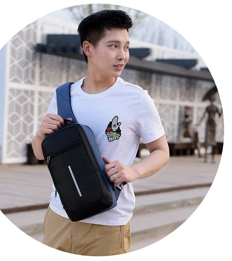 Anti-theft USB charging chest bag with computer pocket in various colors