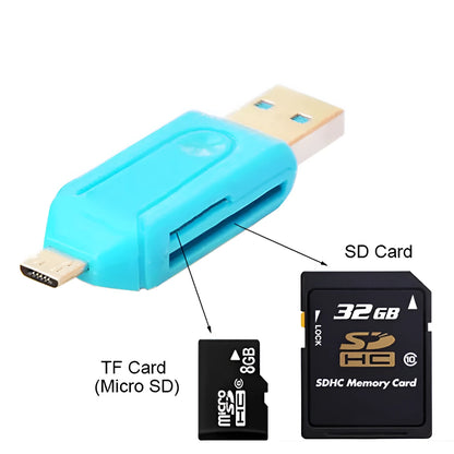 White OTG card reader with USB and micro USB connectors for SD and TF memory cards.