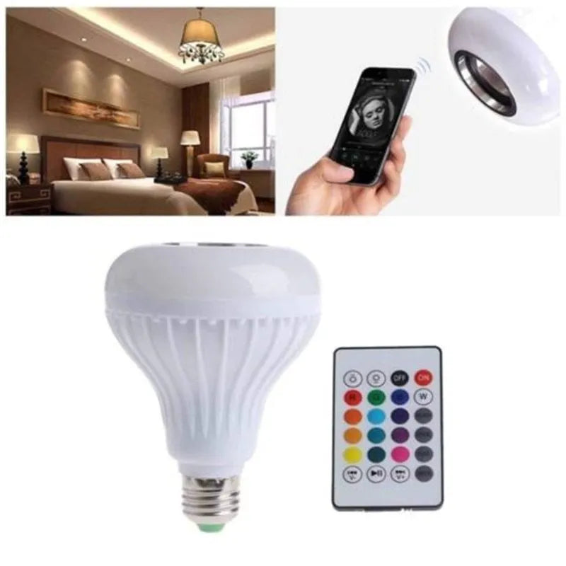 White E27 Bluetooth smart LED bulb with built-in speaker and remote control for colour-changing lighting.