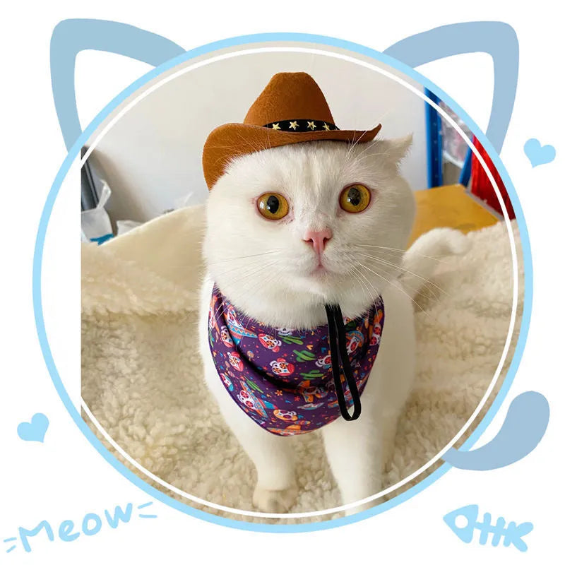 A black pet cowboy hat with a white star on the front, shown with its adjustable elastic strap.