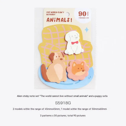 Small animal shaped sticky note set with 90 pages, showing six colourful cover options including bunnies, kittens, and otters