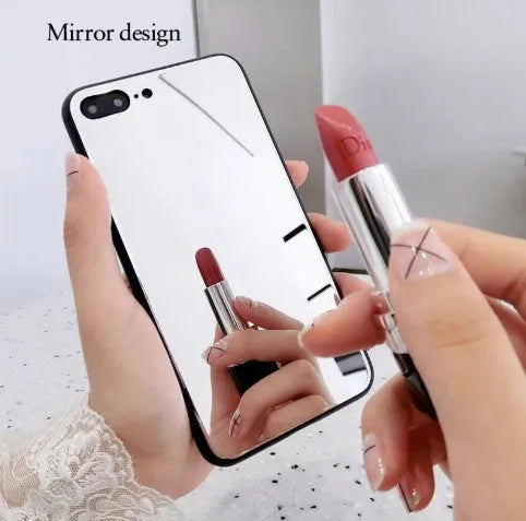 Black iPhone mirror phone case with built-in self-timer glass, compatible with iPhone 7 Plus, 8 Plus, and X models.