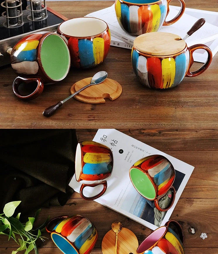 Handmade ceramic coffee mug with lid and spoon in vibrant colors, 350ml capacity