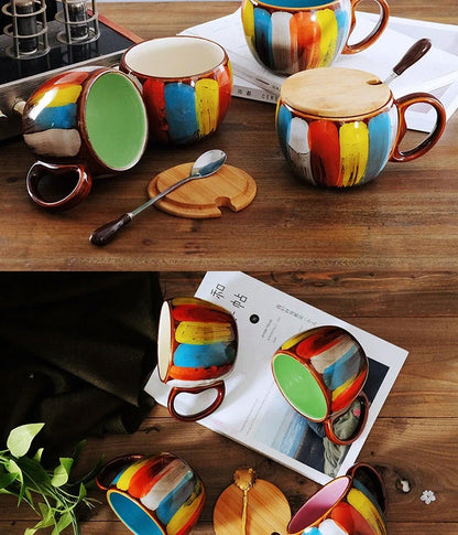 Handmade ceramic coffee mug with lid and spoon in vibrant colors, 350ml capacity