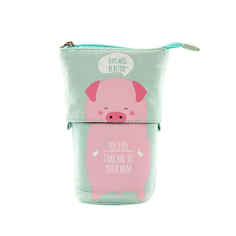 Round Korean-style canvas pencil case with cartoon animal pattern measuring 19cm