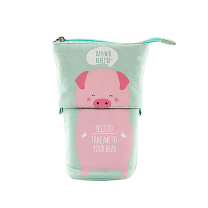 Round Korean-style canvas pencil case with cartoon animal pattern measuring 19cm