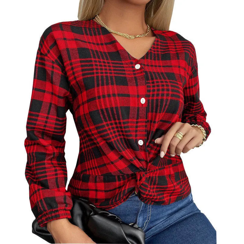 Women's plaid shirt in purple, grey, or red with regular sleeves and loose fit, showing size range S to 3XL